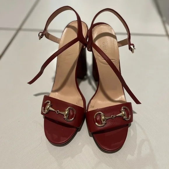Gucci Shoes Gucci Horsebit Red Leather Ankle Strap Block High Heel Sandals - Picture 1 of 6